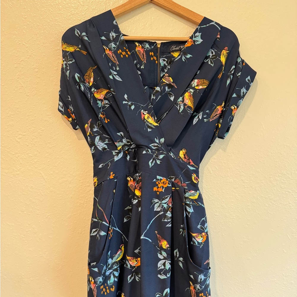 Blue and Orange Midi Dress with V-Neck